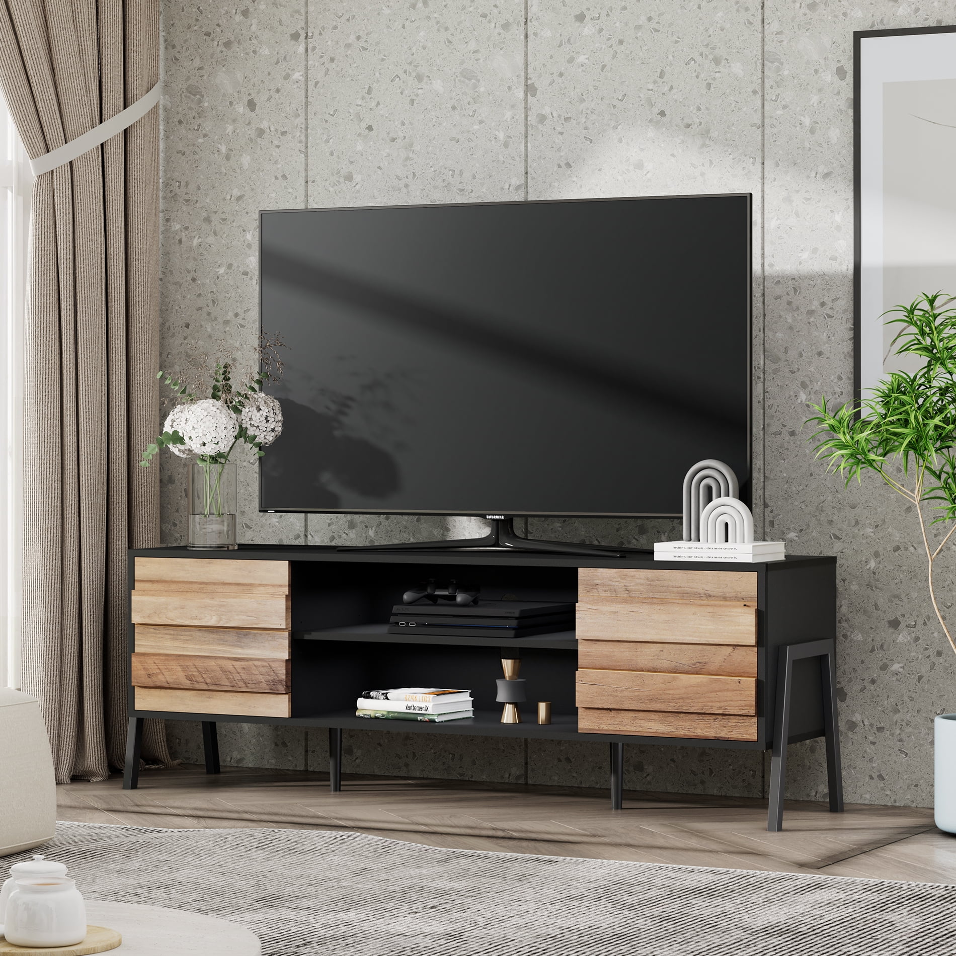 Concentratie Distributie Humaan WAMPAT Mid Century TV Stand for TVs up to 65" Wood Entertainment Center  Modern TV Console with Storage for Living Room Black/Brown - Walmart.com
