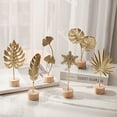 thumbnail image 2 of Pebbuoy Golden Ginkgo Leaf Decoration with Wood Base Metal Feather Leaves Snowflake Figurine Statue Sculpture Home Office Living Room Desktop Ornament Christmas Gift, 2 of 7