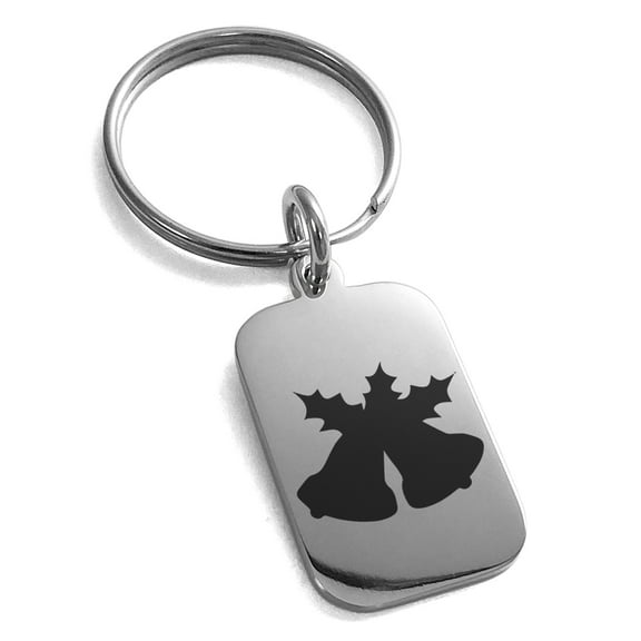 Stainless Steel Christmas Bells and Holly Silhouette Engraved Small Rectangle Dog Tag Charm Keychain Keyring