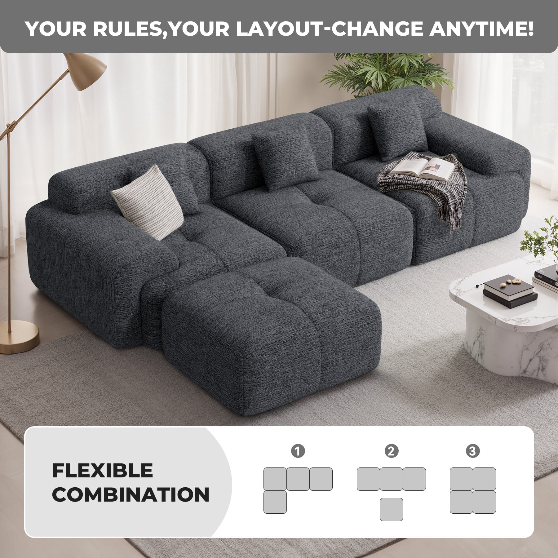 Daluvenix 122" Modern L Shaped Modular Sectional Sofa, Chenille Modular Cloud Couch for Living Room with Deep Seat, 4 Seater Convertible Cloud Couch Sofa Set, No Assembly Required, Black
