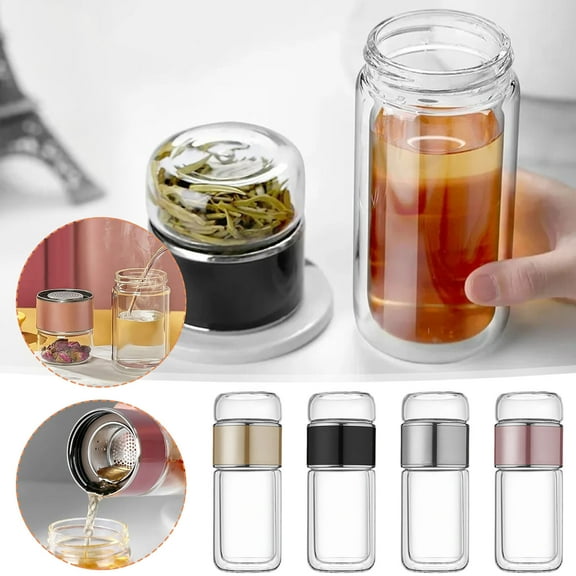 Taotanxi Tea Infuser Bottle, 420Ml/14Oz Double Layer Stainless Steel Leakage Proof Glass Water Bottle Travel Water Separation Tea Bottle Mug Cup for Office Travel Home(Rose Gold)