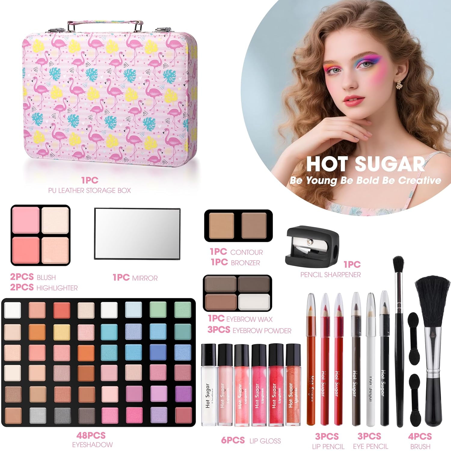 Hot Sugar Makeup Kit for Teenager Girls 10-12, All in One Beginner Makeup Kit for Women Full Kit, Teen makeup kit Cosmetic Gift Set for Birthday Christmas (Flamingo)