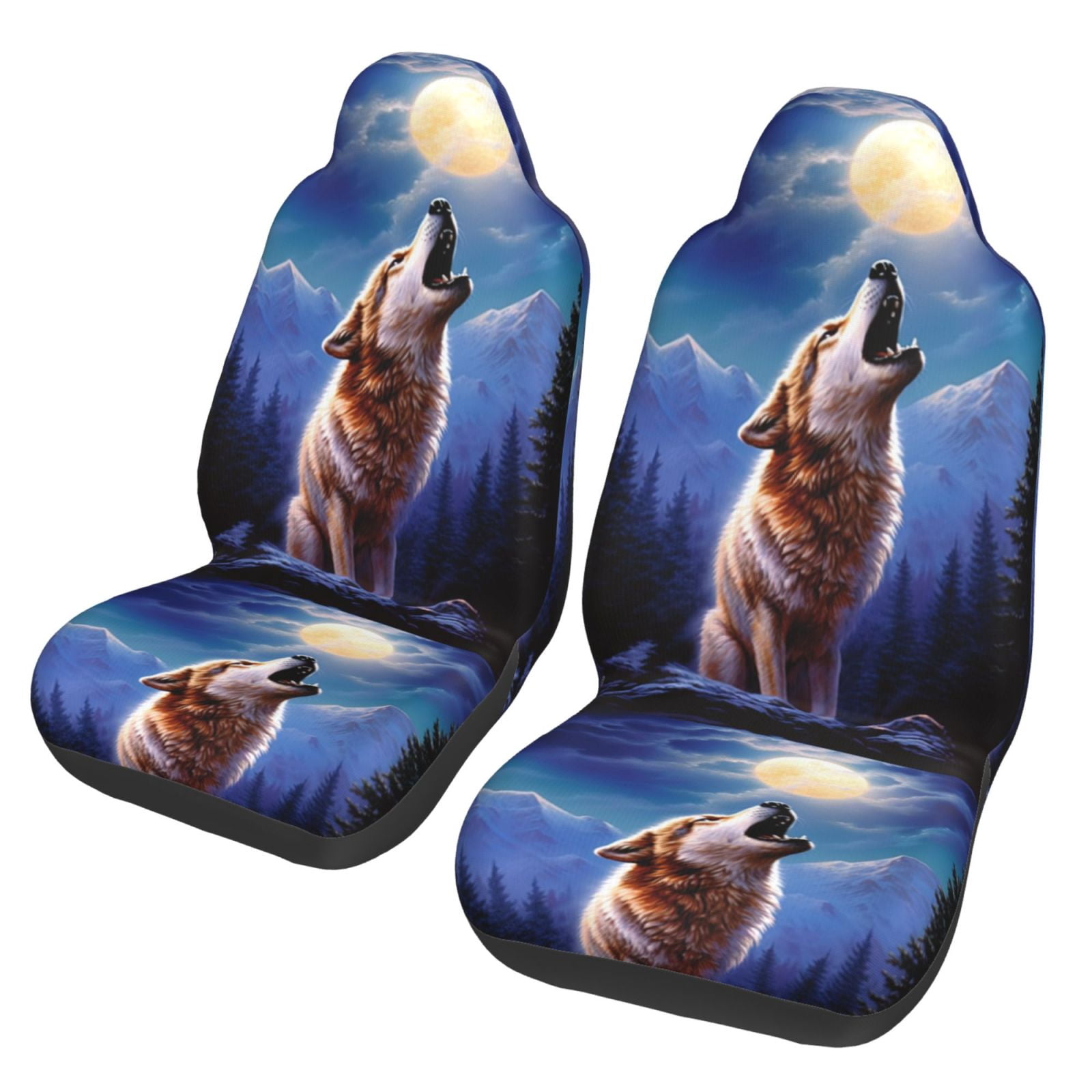 KAKALAD 3d Animal Wolf Moon 03 Car Seat Covers Set Vehicle Front Seats Protector 2 Pcs