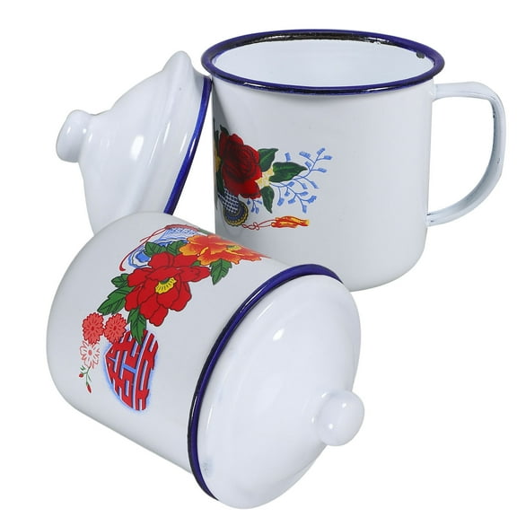 TABLZONE 2-Pack Vintage Enamel Teacups with Lids, Portable Chinese Style Mugs for Household Use, and Stylish Drinkware