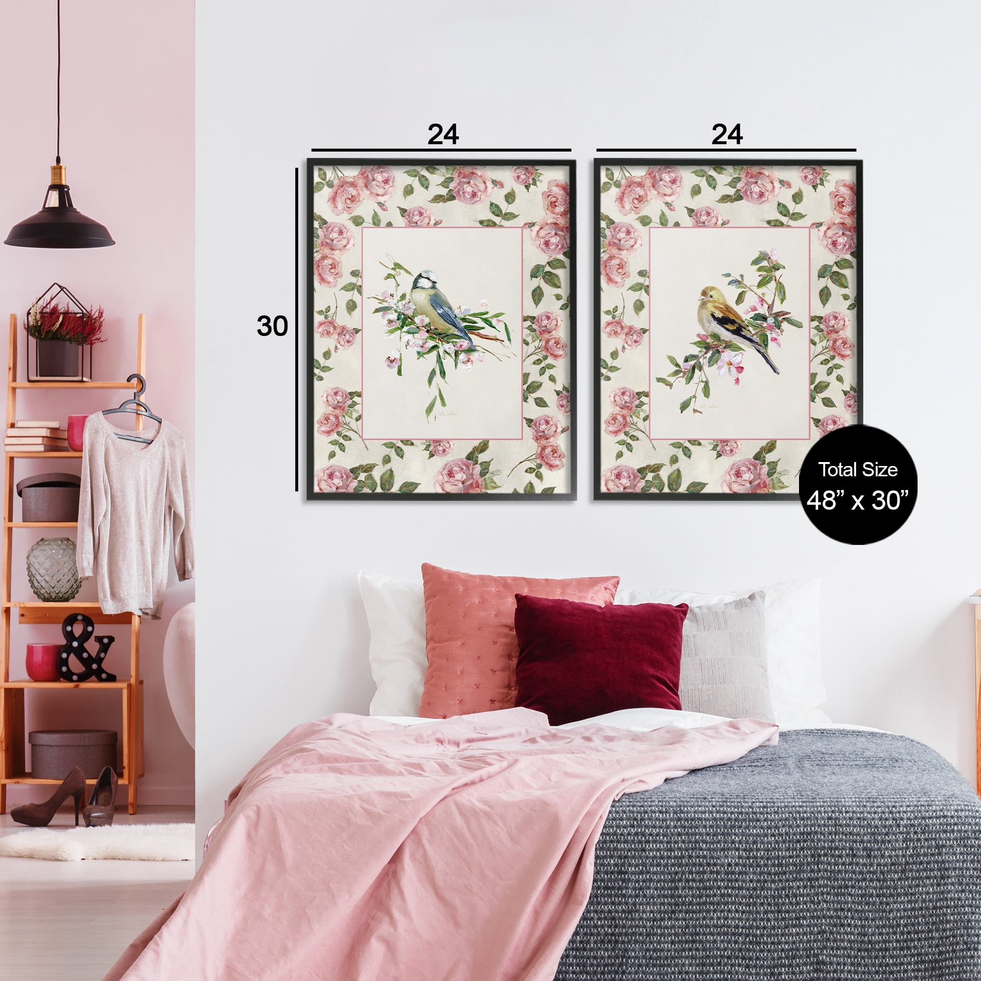Stupell Industries Dainty Roses & Birds 2 Piece Black Framed Giclee Art Set, design by Sally Swatland
