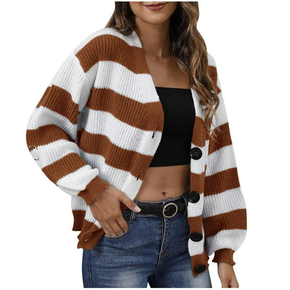 Byworldtasic Womens Blouses Womens Striped Cardigan Sweaters Long Sleeve V Neck Lightweight Open Front Button Down Knit Tops