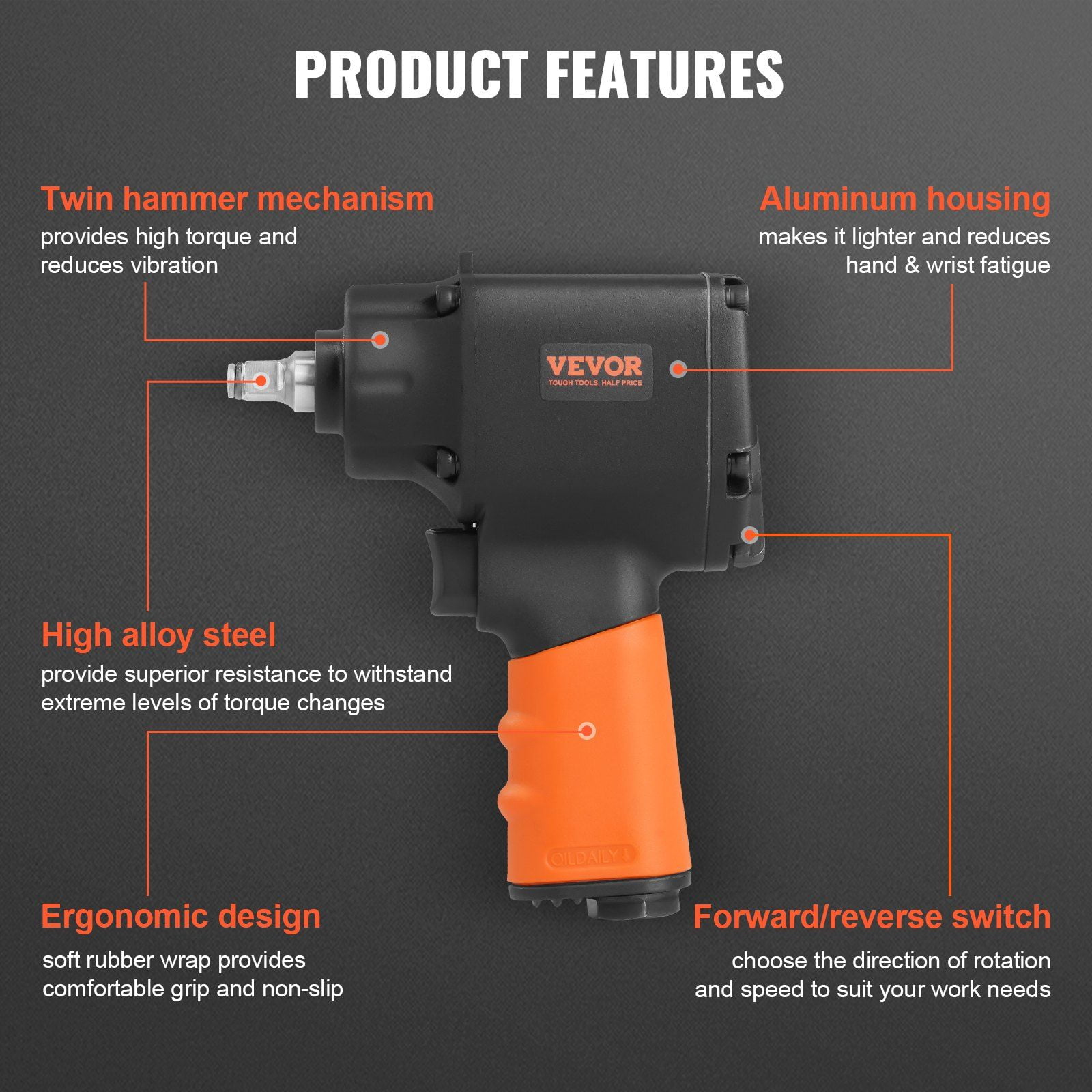 Air Impact Wrench 3/8 Inch Drive 690ft lbs Nut Busting Torque Lightweight Pneumatic Impact Gun for Auto Repair Maintenance