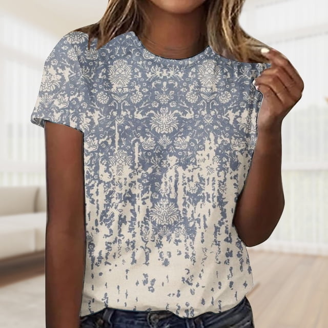 Camisetas De Manga Corta Camiseta informal para mujer, cuello redondo, retro, floral, elegante, de moda, uso diario (azul marino L) Cgtredaw Para estrenar