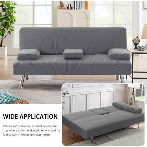 4 Pieces Stretch Futon Covers Sofa Bed Slipcover with Removable Armrests and Cupholders Covers Furniture Protector High Spandex Small Checks Jacquard Fabric, Grey