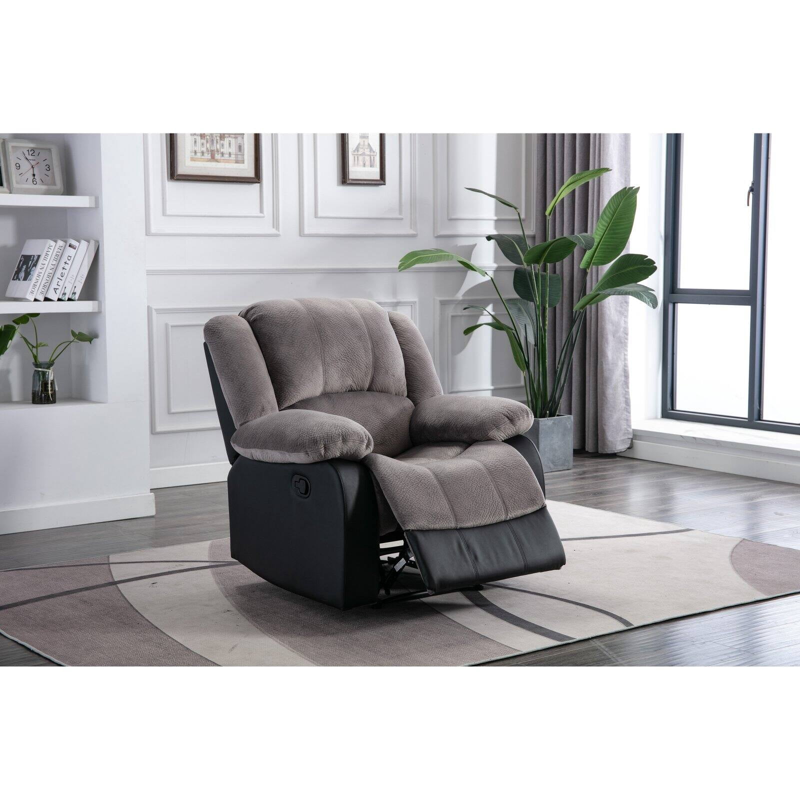 Nathaniel Home Champion Manual Single Reclining Sofa, PU Leather Upholstered Couch, Tufted Recliner, Plush Scoop Seating, for Living Room Home Theater, Beige