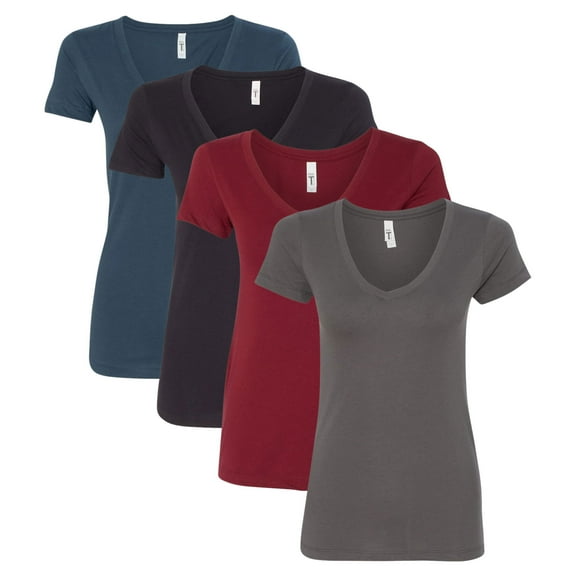 Next Level Women’s Ideal V-Neck T-Shirt, Solid Color Short Sleeve Bulk T-Shirts for Women, 60/40 Cotton/Polyester Assorted Tees (Dark Color 4 Pack, M)