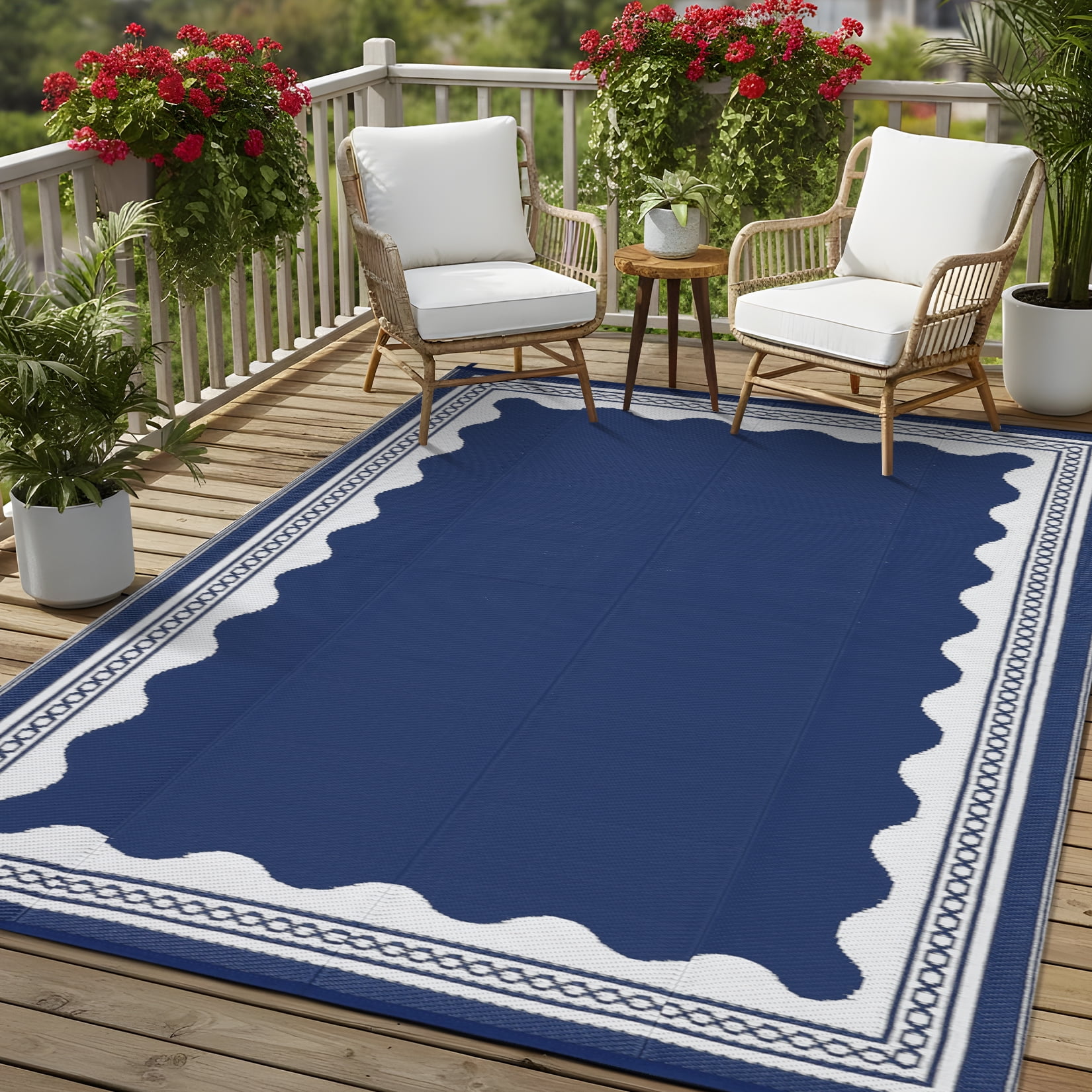 Garvee Outdoor Rug 10x14ft Modern Bordered Reversible Plastic Straw Rug, Waterproof RV Camping Rug Foldable Patio Rug for Deck Porch Balcony Backyard Picnic Beach, Dark Blue