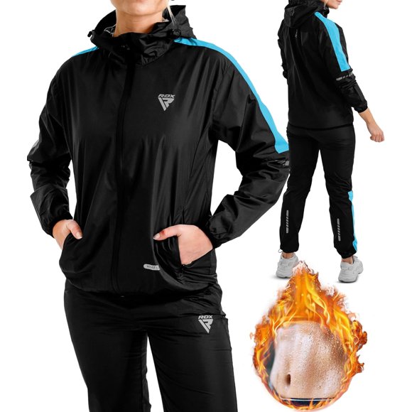 RDX Sauna Suit Weight Loss, Full Body Sweat Heat Suit with Hood, Anti Rip Silver Back Long Sleeves Tracksuit, Boxing MMA Slimming Gym Fitness Running Workout Zipper Jacket, Men Women Top Trouser Set