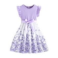 thumbnail image 2 of Baby Dress Kids Toddler Girls Summer Round Neck Ruffle Sleeves Flowers Prints A Line Casual Dress with Bowknot Dresses for Girls Purple 6 Years-7 Years, 2 of 7