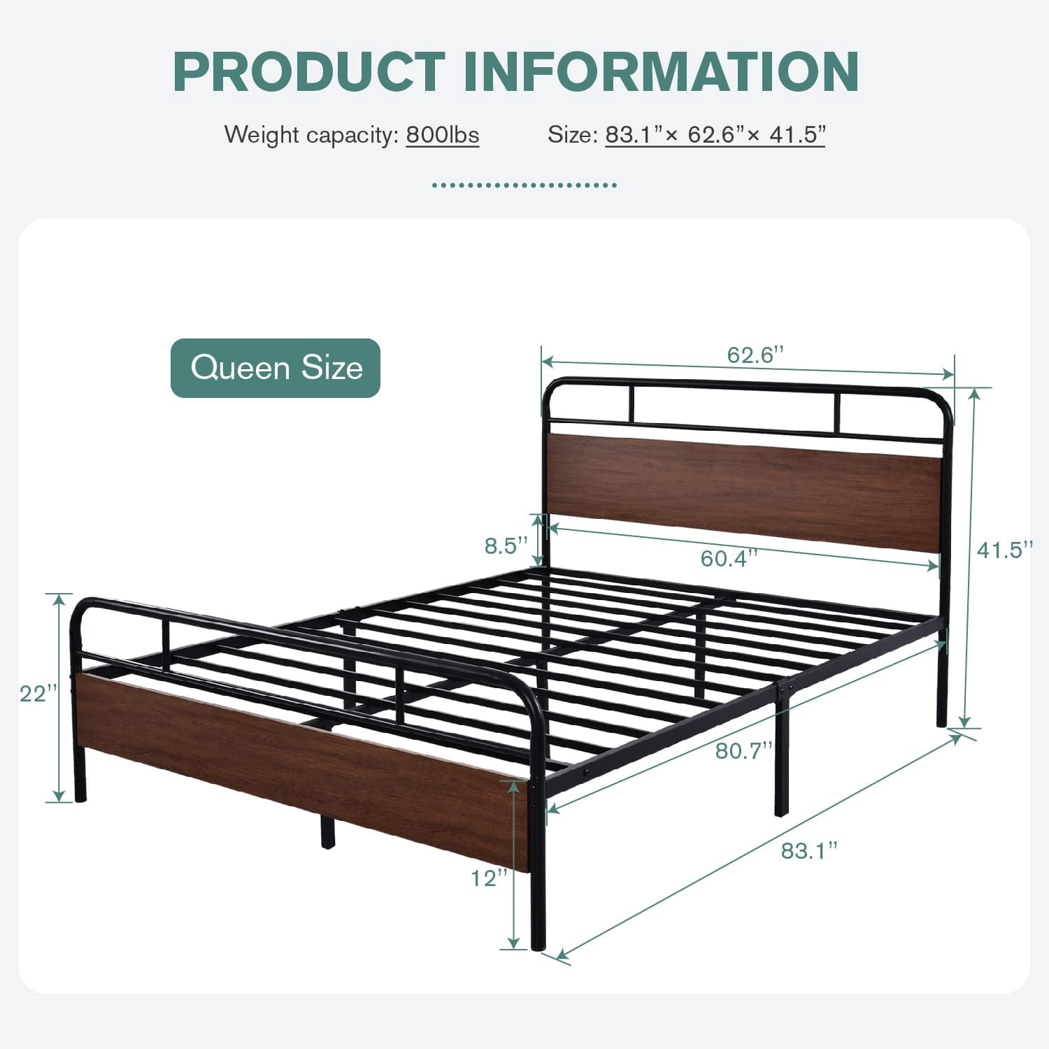 Allewie Walnut Queen Size Metal Platform Bed Frame with Wooden Headboard, Noise free