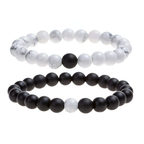 DESIGNICE 2Pcs Mens Beaded Bracelets Couples Matching Bracelet Set Lava Rock Beads for Women Stone Jewelry,His/Hers Couples Bracelets Stretch Distance Bracelet for Girlfriend Boyfriend (Black White)