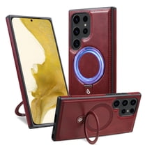 Magnetic for Samsung Galaxy S22 Ultra Case with MagSafe Compatible & Ring Holder Stand, Luxury PU Leather Slim Shockproof Cover Support Wireless Charging Kickstand Case for Galaxy S22 Ultra, Winered