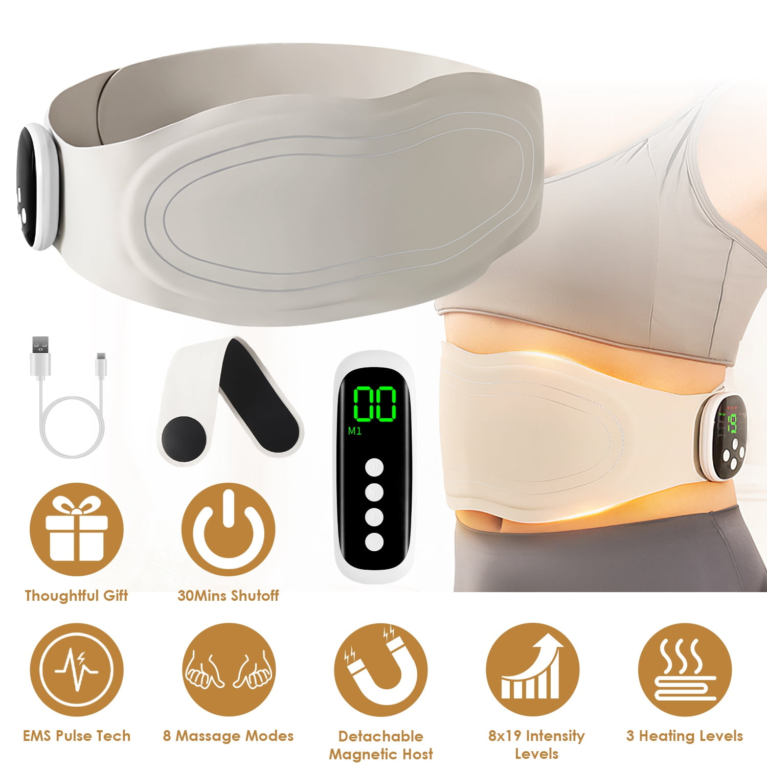 Moclever Cordless Heating Pad, EMS Lower Back Massager Heating Pad with Remote Magnetic Host 8 Modes 19 Intensity Levels 3 Heating Levels for Back Belly Waist