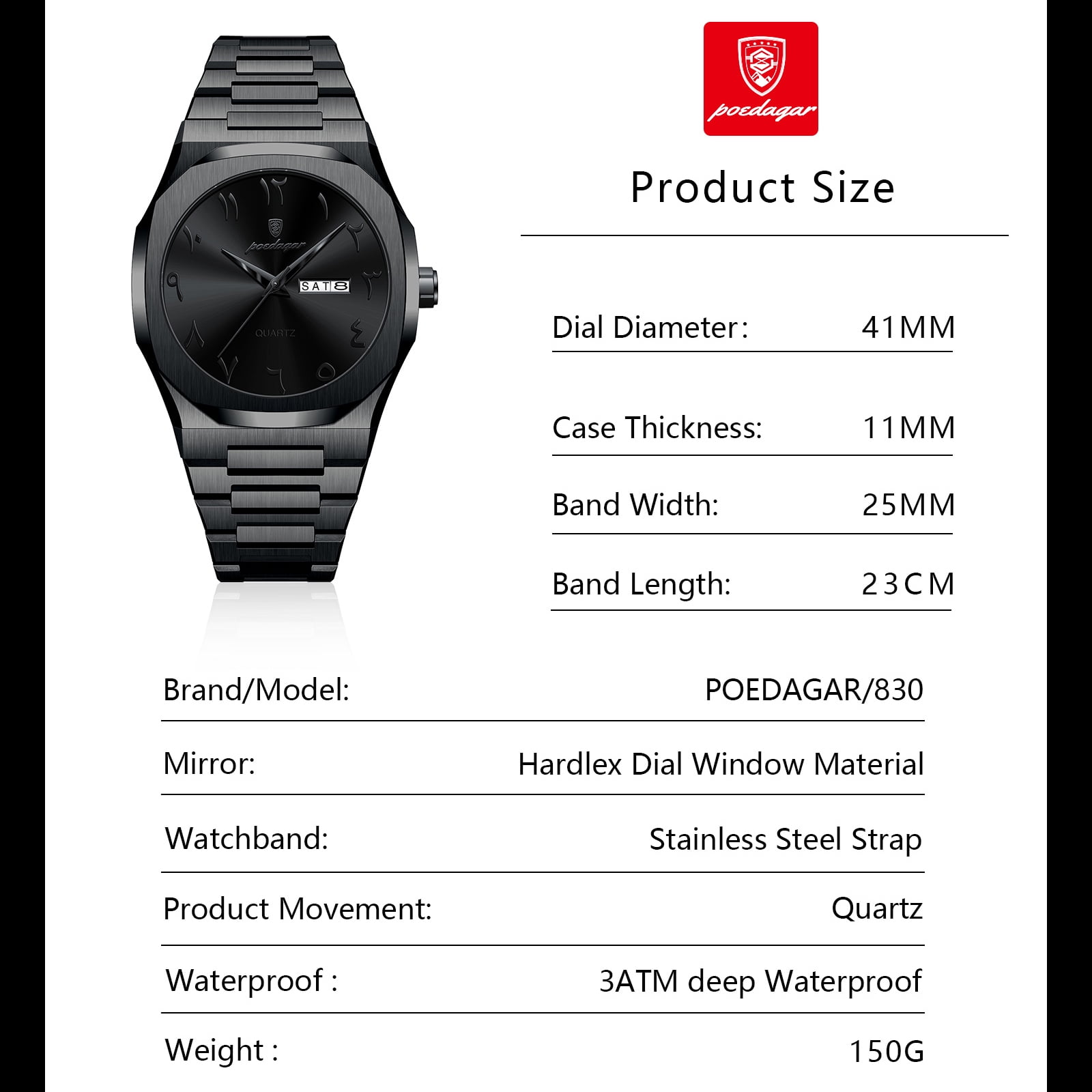 POEDAGAR Men's Luxury Watch Stainless Steel Quartz Wristwatch with Black Dial, 3ATM Waterproof for Daily