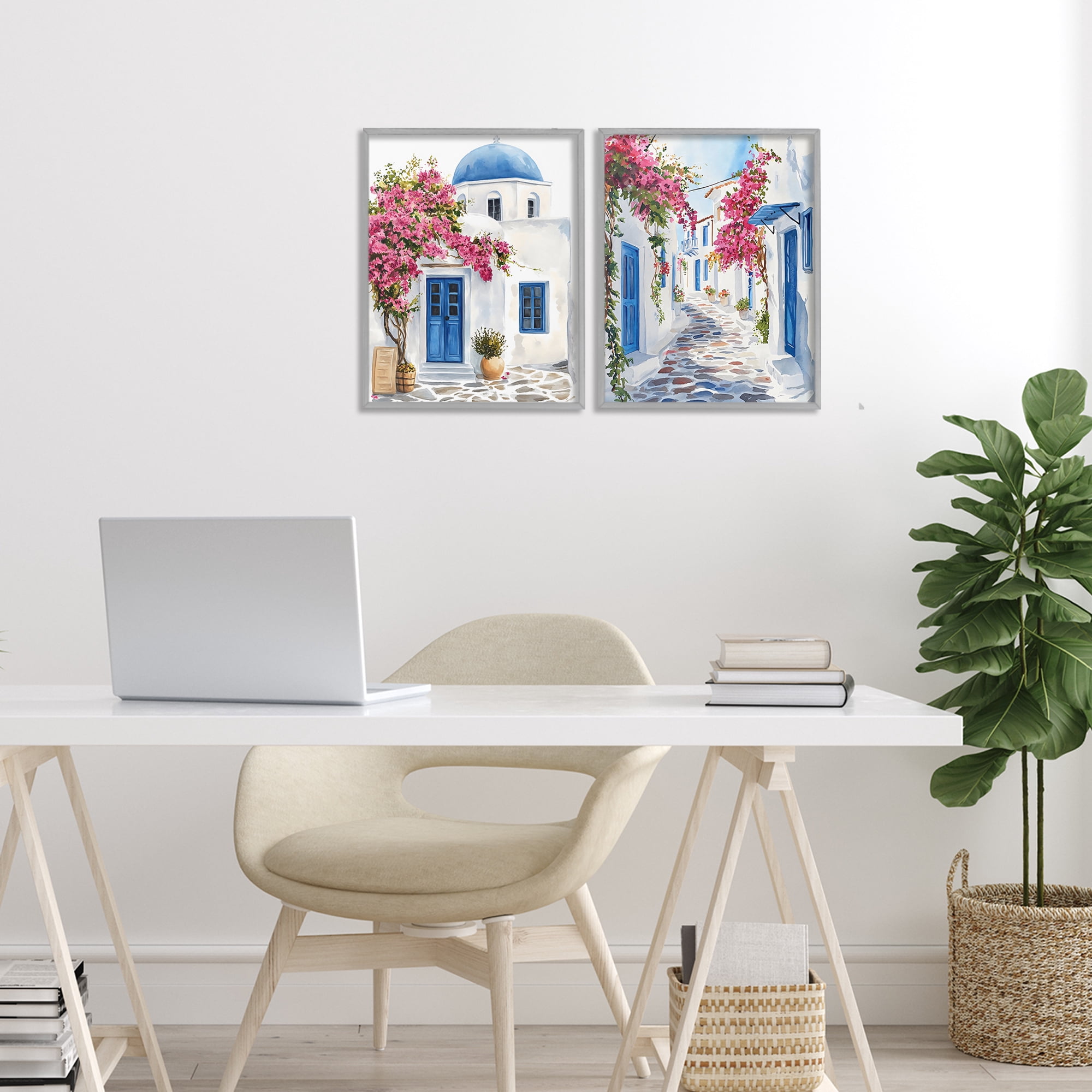 Stupell Industries Santorini House with Pink Tree 2 Piece Gray Framed Giclee Art Set, design by LSR Design Studio