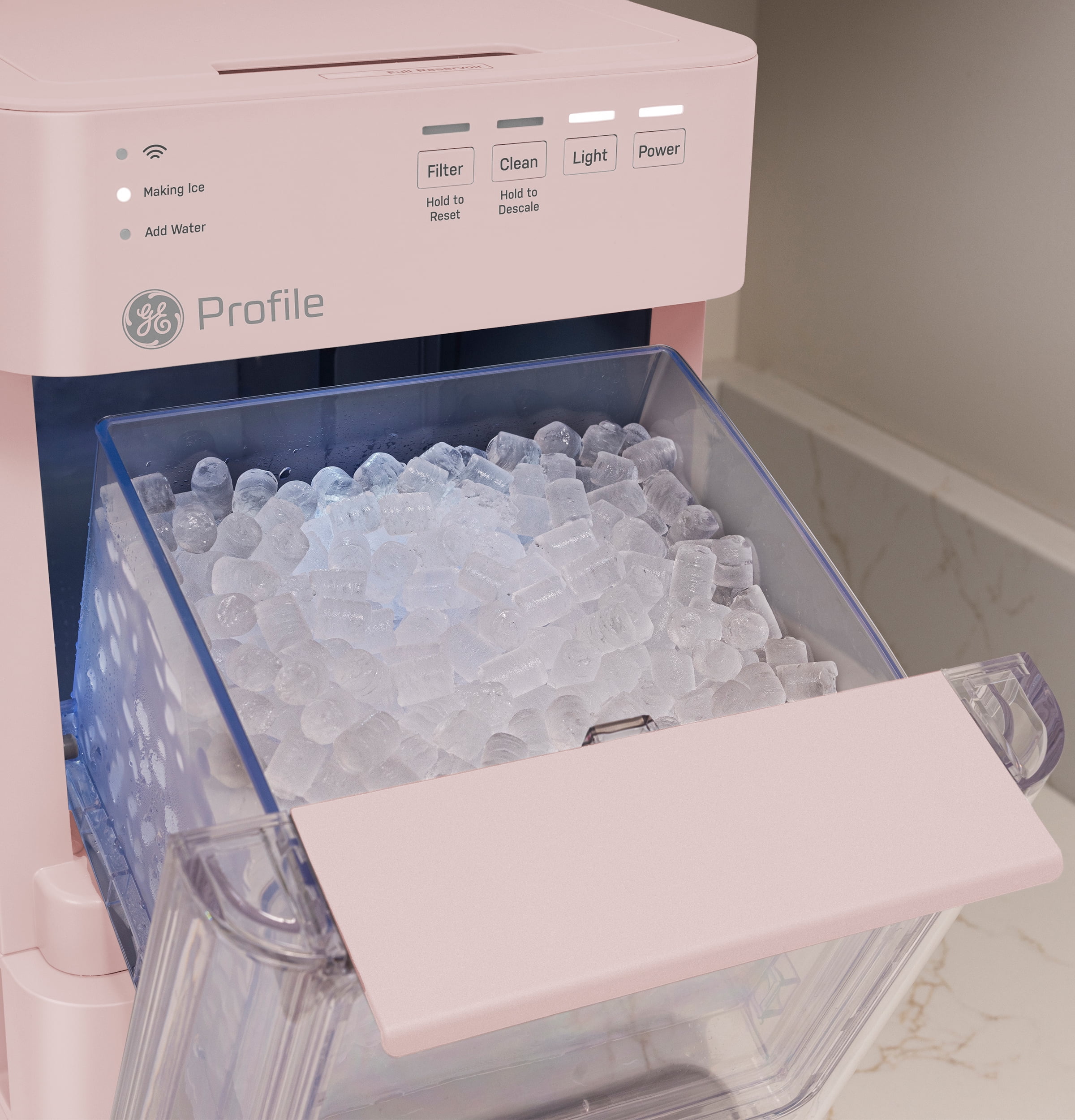 GE Profile Opal Mini Countertop Nugget Ice Maker WiFi Connected Auto Clean Peony Pink