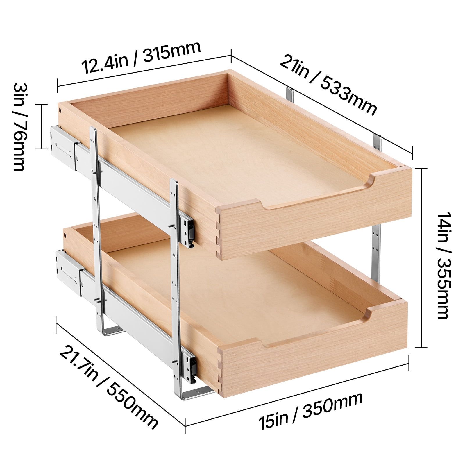 KFFKFF 2-Tier Pull-Out Cabinet Organizer, 14"W x 21"D Sliding Drawer, Soft-Close Shelf, Durable Wooden Design, Adjustable Base for Kitchen, Pantry, or Bathroom Storage
