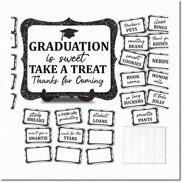 Graduation Candy Buffet Labels Set - 20PCS, Glittery Black Graduation Candy Buffet Table Sign with Stand - Perfect Catering Supplies for Class of 2023 Decorations!