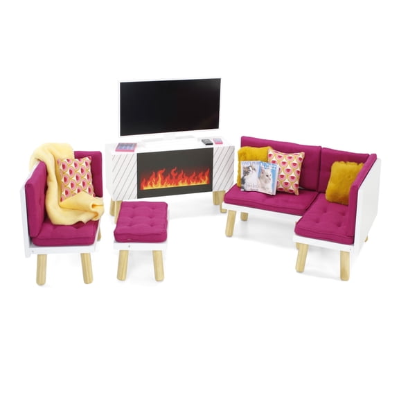 Emily Rose 18" Doll Wooden Pink Living Room Sectional Sofa Bed and Entertainment Unit with TV, Fireplace, Storage