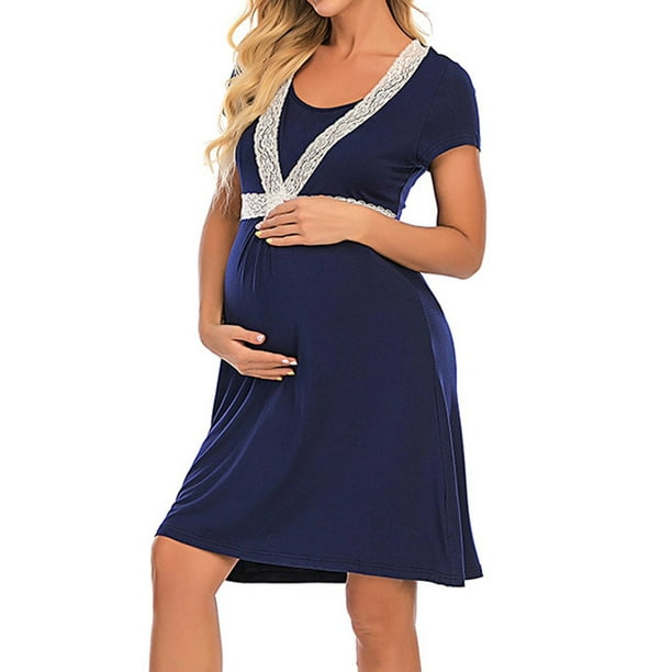 Lolmot Pregnant Womens Nursing Solid Color Round Neck Short Sleeve Round  Neck Breastfeeding Blouse