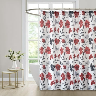 Mainstays Black Red and Grey Floral Shower Curtain, 72" X 72", Polyester