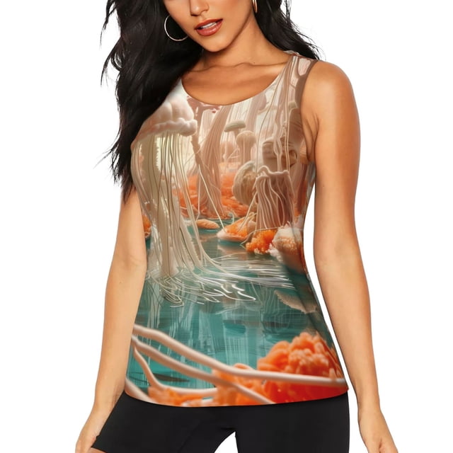 Balery Fantasy Underwater Jellyfish Camiseta sin mangas estampada ligera para mujer, tops de entrenamiento sin mangas, camisetas de yoga transpirables de secado rápido.-XX-Large