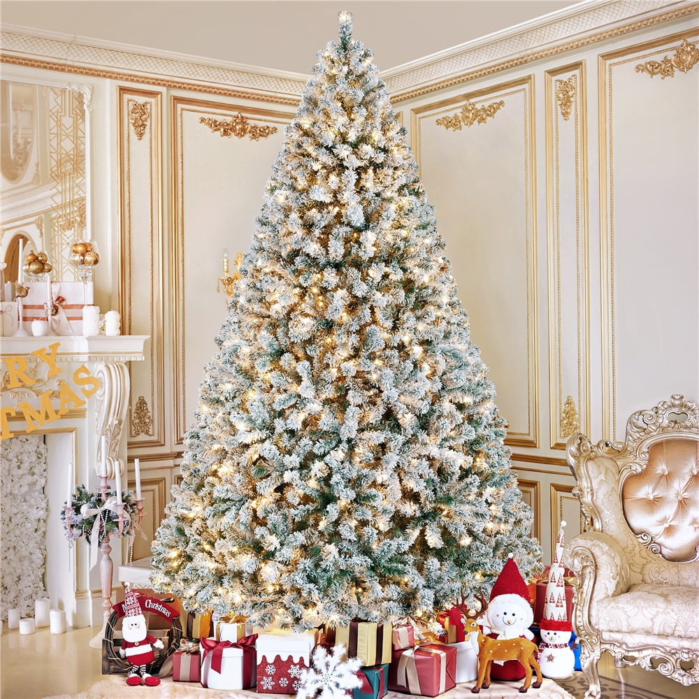 Alden Design 9 Ft Pre-lit Flocked Christmas Tree with Warm Lights, Frosted White