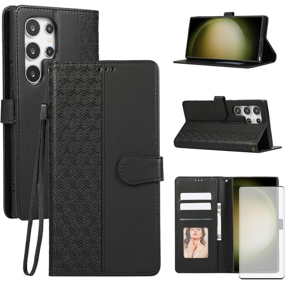 Phone Case for Samsung Galaxy S22 Ultra 5G Wallet Cover with Tempered Glass Screen Protector and Wrist Strap Flip Credit Card Holder Stand Cell S22ultra 22S S 22 S22ultra5g 6.8 Women Black