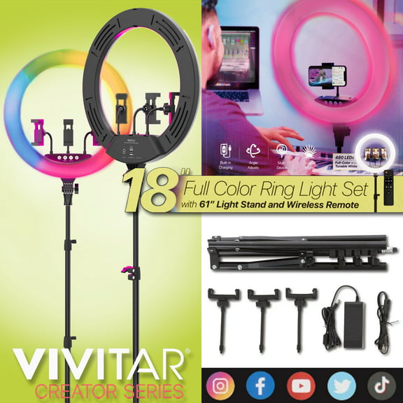 Vivitar 18" LED RGB Ring Light with Tripod, Phone Holder USB Charging Ports, and Wireless Remote