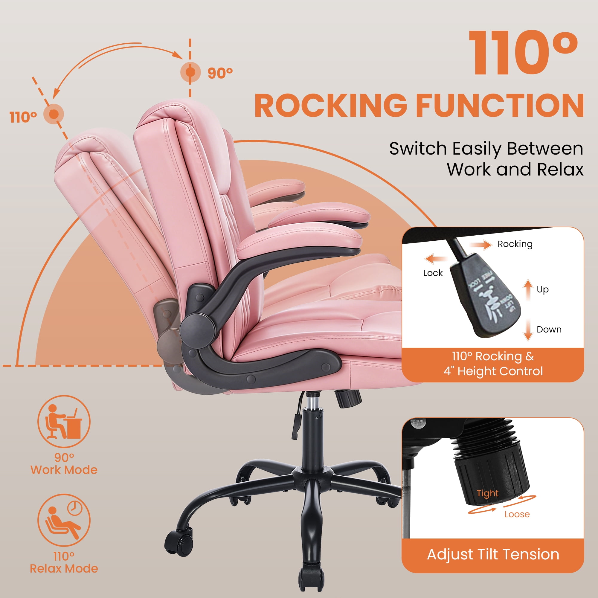 Fantasylab Executive Ergonomic 300LBS PU Leather Home Office Desk Chair, Computer Desk Chair with Adjustable Armrest,PINK