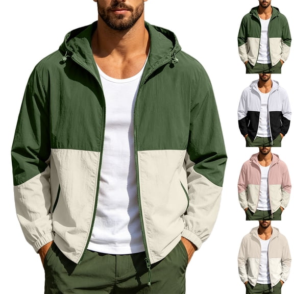 Mens Golf Hiking Jacket with Hood Windproof Light Weight Windbreaker Outdoor Fishing Raincoat Zipper Pockets Size 3XL Army Green