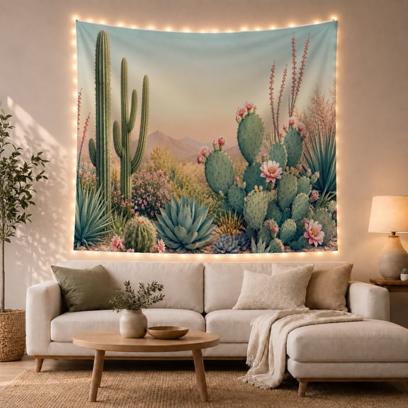 Desert Variety Cacti with Succulents Distant Mountain, Serene Watercolor for Plant Lovers, Wall Decor, Valentine'S Day Gift, Tapestry Wall Hanging for Dorm and Living Room