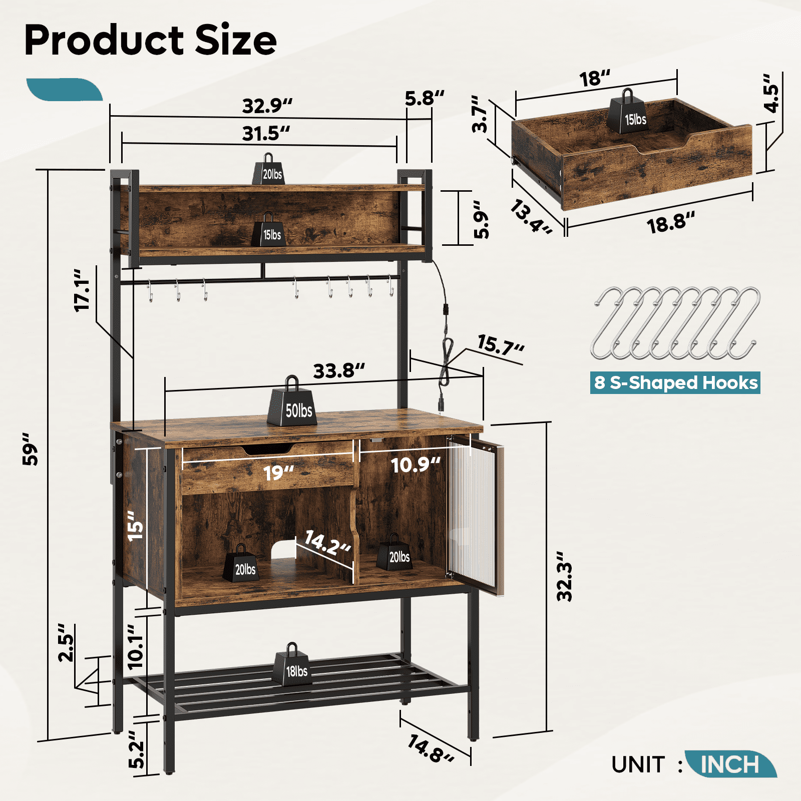 Besiter 60" Kitchen Baker's Rack with LED Light 6-Tier Microwave Stand with Storage Drawer Cabinet & 8 Hooks, Rustic