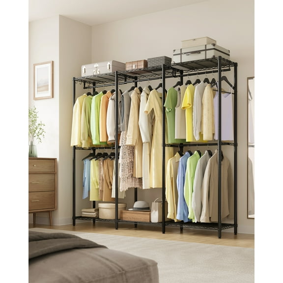Ink Black Heavy - Duty Clothing Rack - Adjustable Storage Shelves, Hanging Rails, Hooks. Freestanding Portable Wardrobe Closet Rack