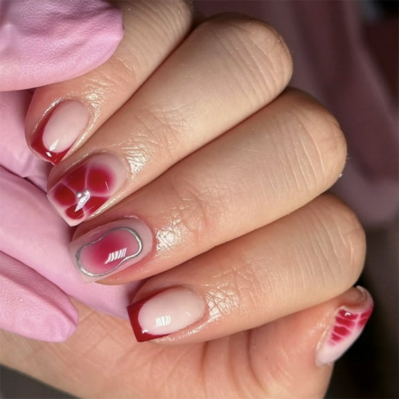 Huhudde Short Square Press on Nails French Tips Fake Nails Full Covers False Nails with Flower Designs Artificial Acrylic Nails
