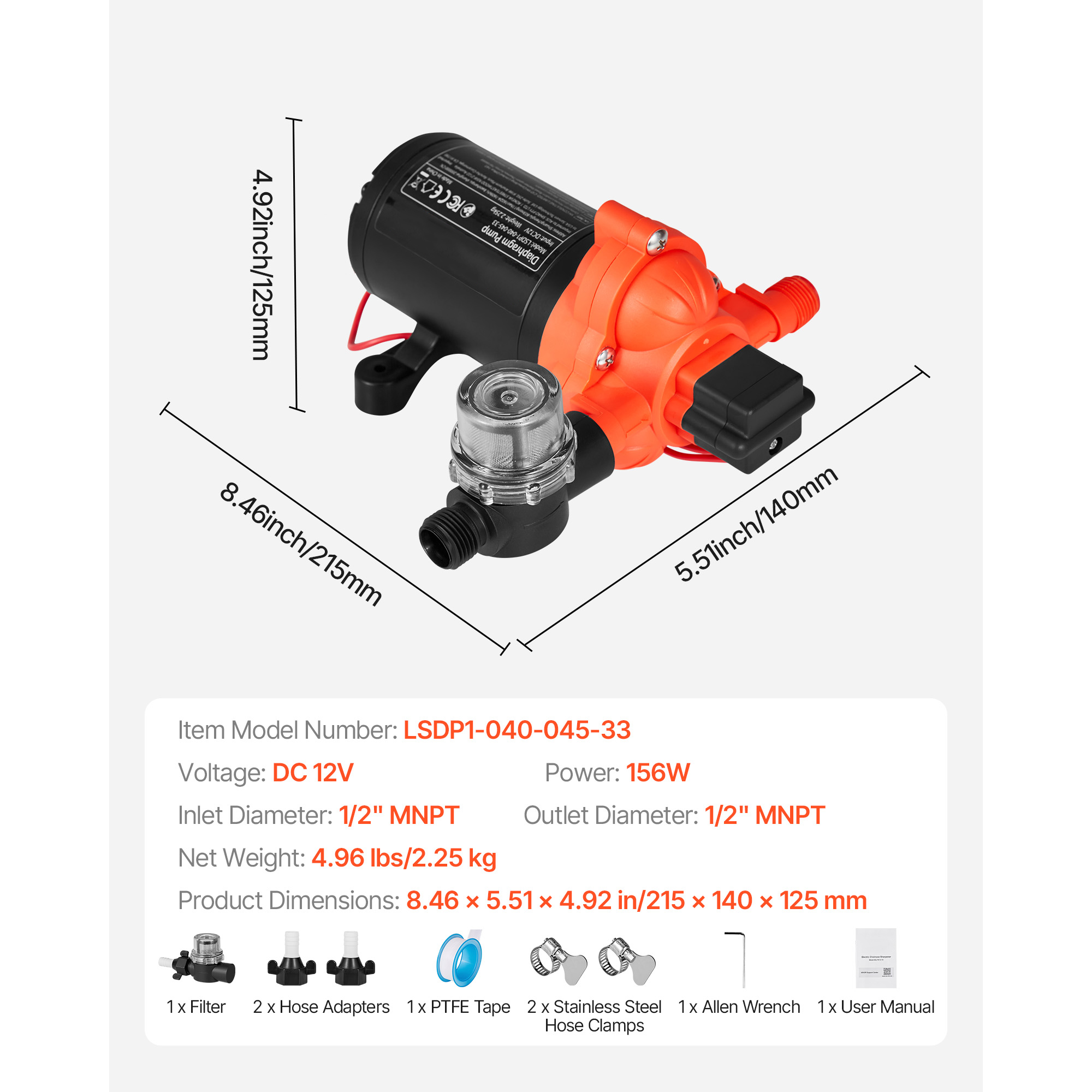 KFFKFF 4 GPM Flow Rate, 3-Chamber Self-Priming Diaphragm Pump with Automatic Pressure Switch, 40 PSI Max Pressure, 12V DC RV Water Pump