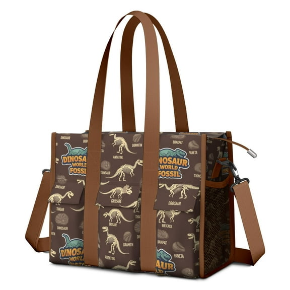 Teacher Tote Bag,Brown Cartoon Dinosaurs Fossils Pattern Teacher Utility Tote Bag,Large Work Tote Bags for Women with Multiple Pockets,Top Zipper Closure,13.8x10.6x6.7 Inch