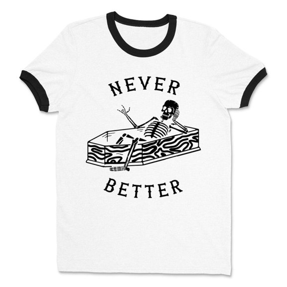 Never Better Skeleton Ringer Tee Shirt Unisex Large White/Black