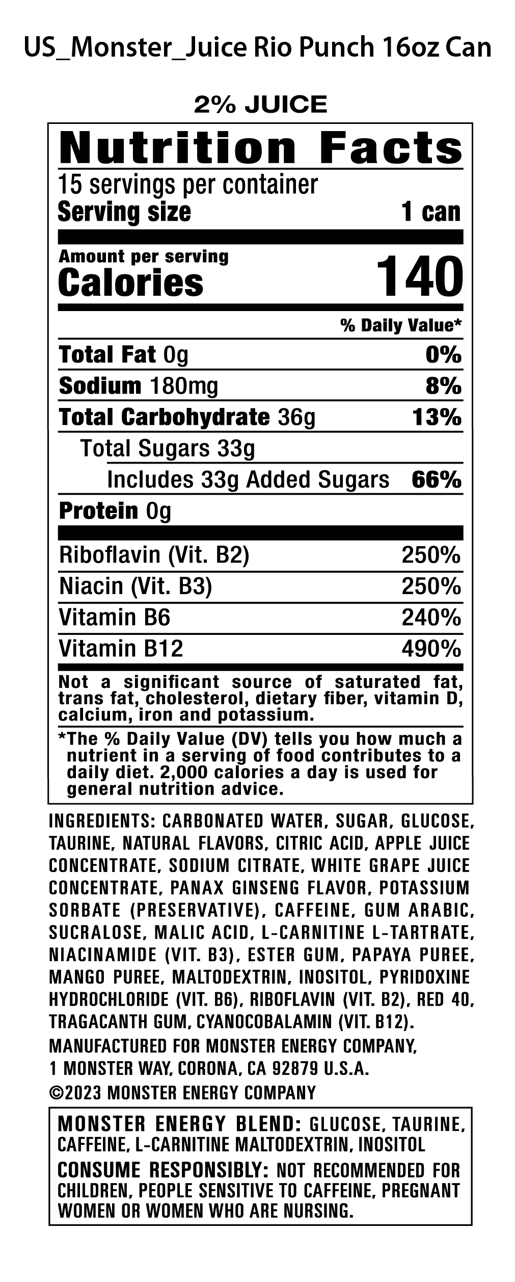 Juice Monster Rio Punch 15 Pack - 16 Fl Oz