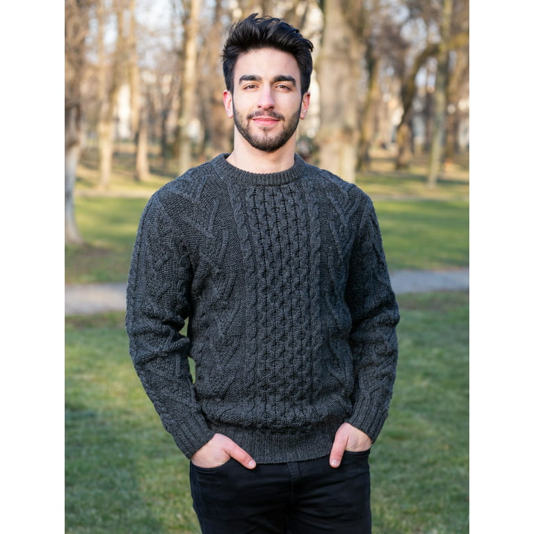 Men's Merino Wool Aran Sweater - Charcoal, Large | Saol