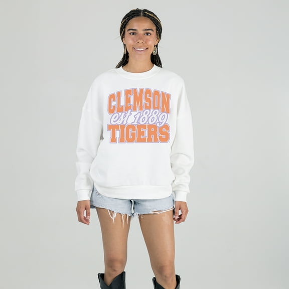 Women's Gameday Couture White Clemson Tigers Oversized Faded Formation Premium Fleece Sweatshirt