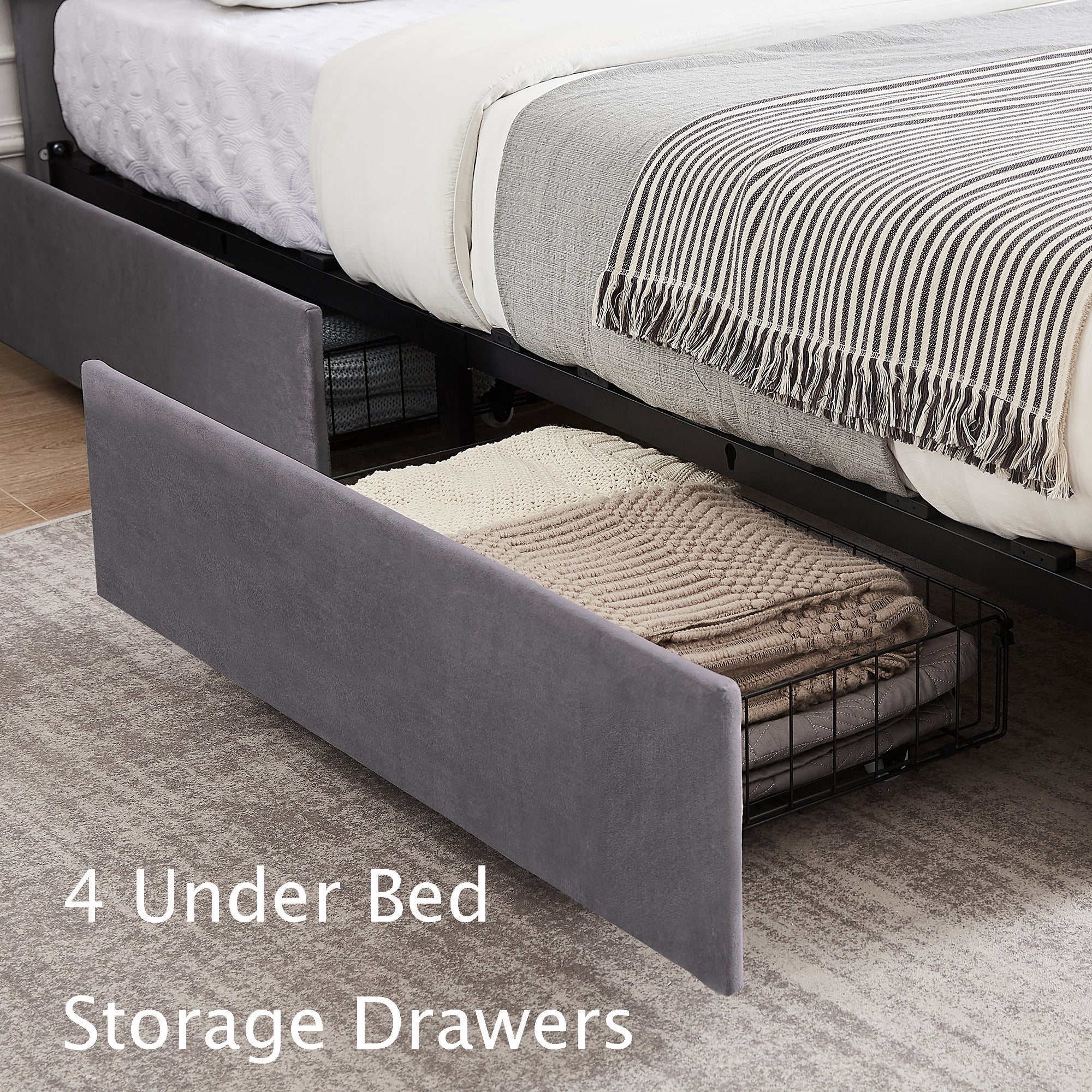 VECELO Full Size Bed Frame with 4 Storage Drawers, Modern Upholstered Platform Bed Frame with Adjustable Headboard, No Box Spring Needed, Dark Gray