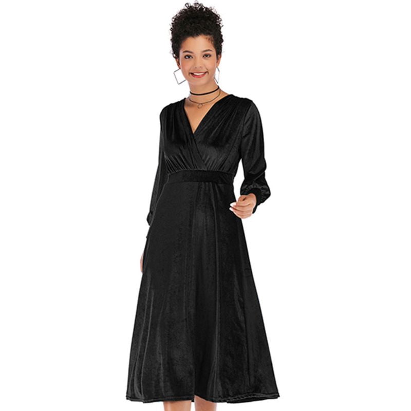 Women Lantern Sleeve Wrap V-Neck Velvet 