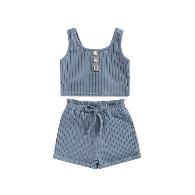 Faithtur Toddler Girls Summer Outfit Sets Solid Color Button Vest + Ribbed Drawstring Shorts