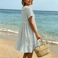 thumbnail image 5 of Ayolanni V Neck Dresses for Women Solid Short Sleeve A-Line Midi Dress Flowy Cotton Linen Travel Beach Dress Gray L, 5 of 7